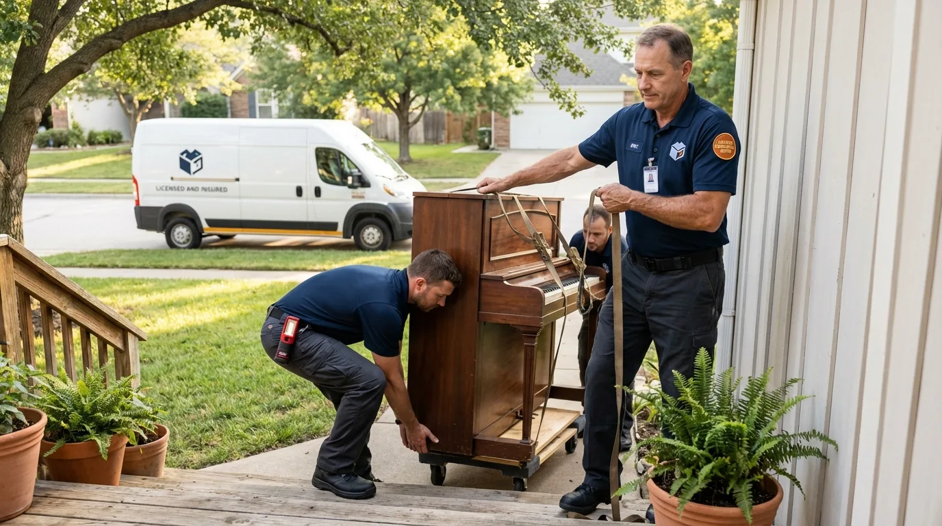 Licensed piano movers securing grand piano in Gonzales, LA