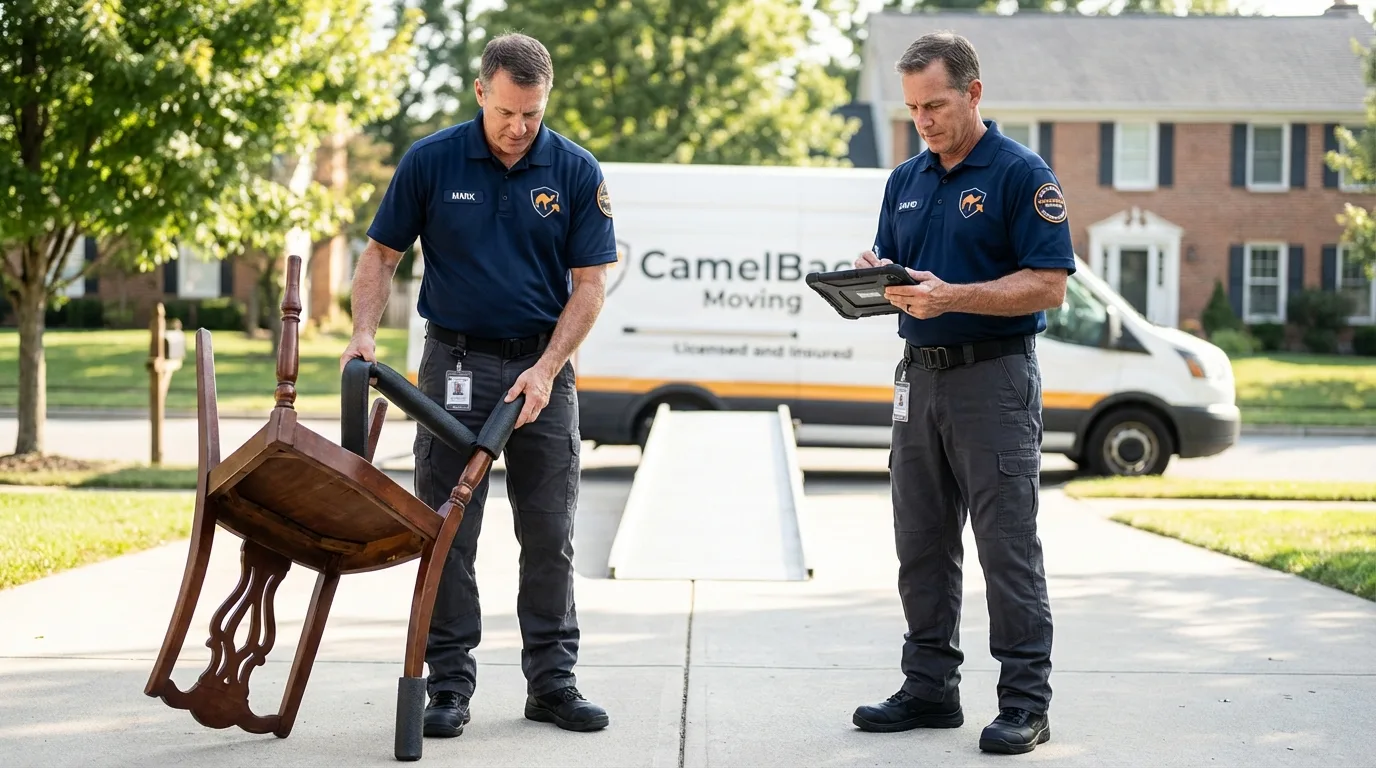 Movers inspecting furniture for damage prevention before loading in Gonzales, LA