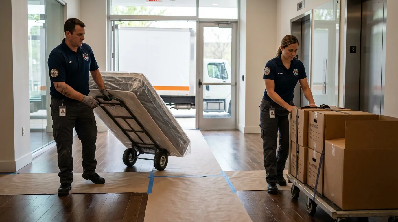 Professional apartment movers loading elevator in Gonzales, LA